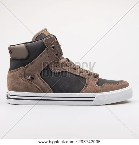 Vienna, Austria - August 23, 2017: Supra Vaider Black And Brown Sneaker On White Background.