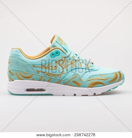 Vienna, Austria - August 23, 2017: Nike Air Max 1 Ultra Lotc Qs Green And Gold Sneaker On White Back
