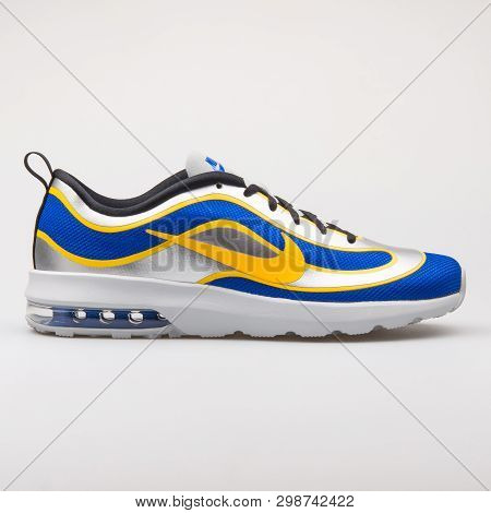 Vienna, Austria - August 23, 2017: Nike Air Max Mercurial 98 Qs Blue, Grey And Yellow Sneaker On Whi