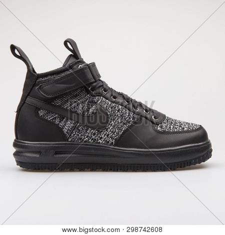Vienna, Austria - August 23, 2017: Nike Lunar Force 1 Flyknit Workboot Black Sneaker On White Backgr