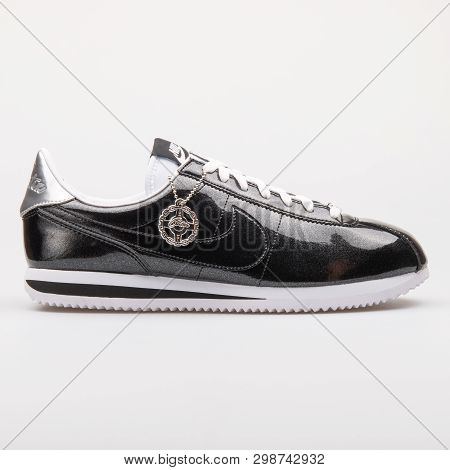 Vienna, Austria - August 23, 2017: Nike Cortez Basic Premium Qs Black And White Sneaker On White Bac