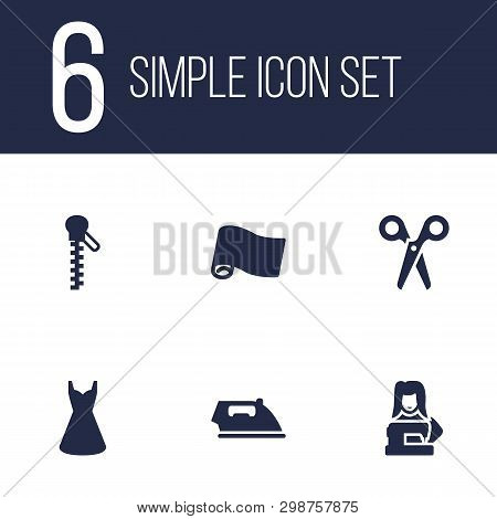 Set Of 6 Stitch Icons Set. Collection Of Scissors, Iron, Dress And Other Elements.