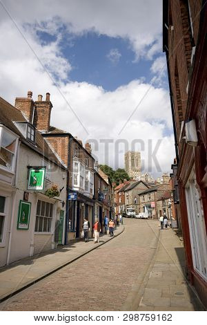 A View Of The Strait Leading Up To Steep Hill And The Cathedral, Lincoln, Lincolnshire, United Kingd