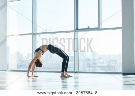 Slim girl in activewear practicing backbend pose with her hands and feet touching the floor during workout