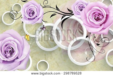 3d Illustration, Marble Background, White Rings, Purple Roses