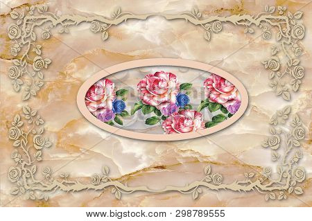 3d Illustration, Beige Marble Background, Flower Medallion