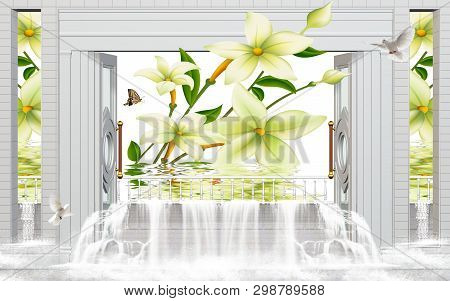 3d Illustration, Light Background, Lily, Window And Waterfall