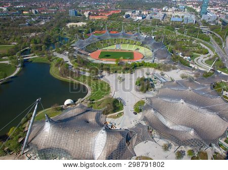 MUNICH - GERMANY April 20, 2019: Olympiapark in Munich, Germany. Olympic Park was constructed for the 1972 Olympics Summer Games.