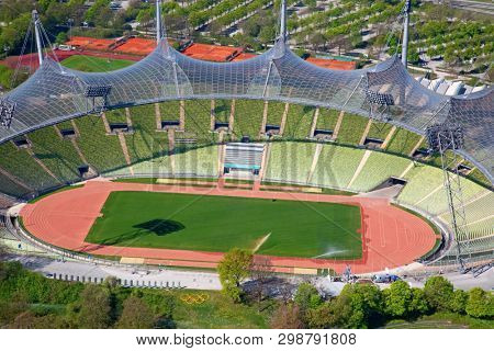 MUNICH - GERMANY April 20, 2019: Olympiapark in Munich, Germany. Olympic Park was constructed for the 1972 Olympics Summer Games.