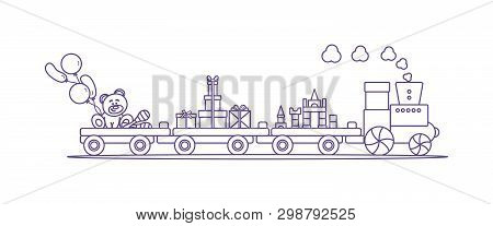 Funny Vector Illustration With Train Carries Toys: Baby Toy Musical Maracas, Designer, Bear, Gifts, 