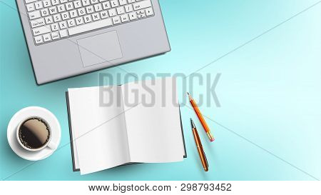 Daily Office Instruments On Desk Flat Lay Vector. Pencil With Eraser And Pen Near Opened Blank Dairy
