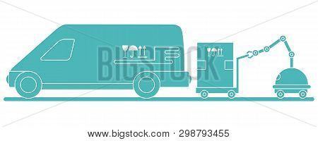 Vector Illustration With Robot Loader Loads Boxes Into A Car. Automation Warehouse Processes. Smart 