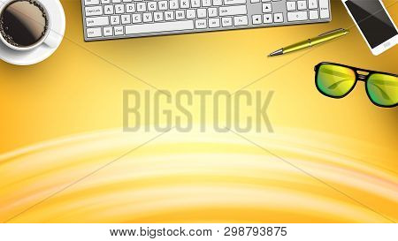 Daily Office Supplies On Workspace Flat Lay Vector. Realistic Coffee Mug Near Keyboard, Smatphone An