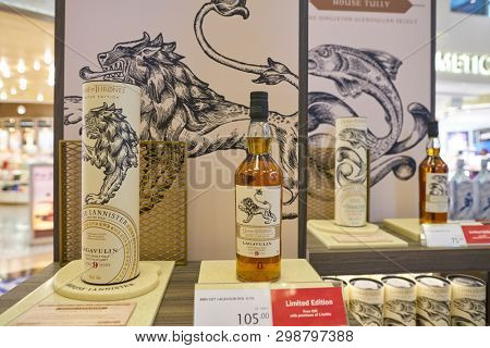 SINGAPORE - CIRCA APRIL, 2019: Game Of Thrones whiskies on display at Changi Airport, Terminal 3