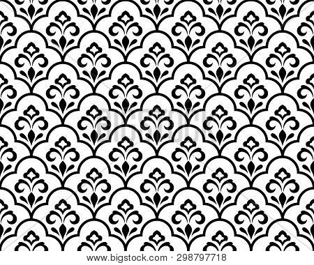 Flower Geometric Seamless Pattern. Black And White Ornament. Fabric For Ornament, Wallpaper, Packagi