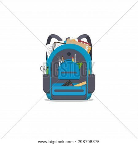 Blue Colored School Backpack With School Accessoires. Backpack With Pockets And Zipper. Education An