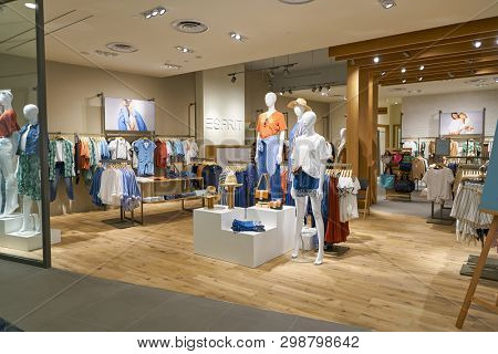 SINGAPORE - CIRCA APRIL, 2019: cothing on display at Esprit store in Jewel Changi Airport.