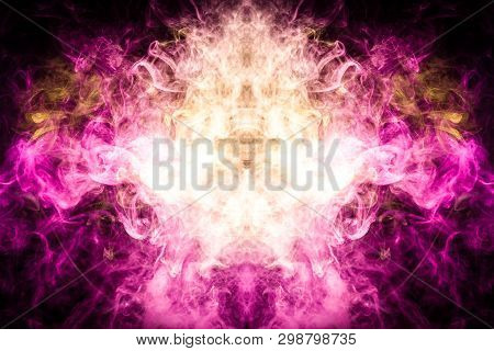 Thick Colorful Smoke Of  Pink And Yellow In The Form Of A Skull, Monster, Dragon On A Black Isolated