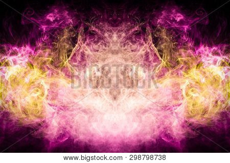 Thick Colorful Smoke Of  Pink And Yellow In The Form Of A Skull, Monster, Dragon On A Black Isolated