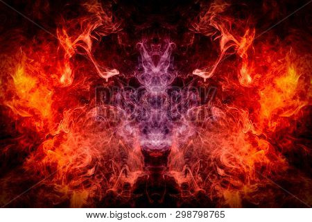 Thick Colorful Smoke Of  Red And Blue In The Form Of A Skull, Monster, Dragon On A Black Isolated Ba