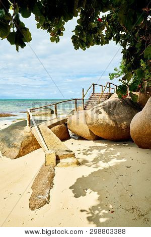 Concrete Walkway On Tropical Beach, Praslin, Anse Cimitière,