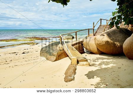 Concrete Walkway On Tropical Beach, Praslin, Anse Cimitière,