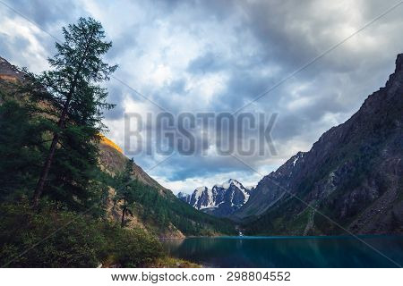 Wonderful Mountain Lake With View On Giant Glacier. Amazing Huge Mountains With Conifer Forest. Larc