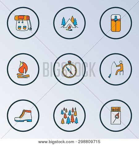 Vacation Icons Colored Line Set With Bonfire, Forest, Fishing And Other Bedroll Elements. Isolated  
