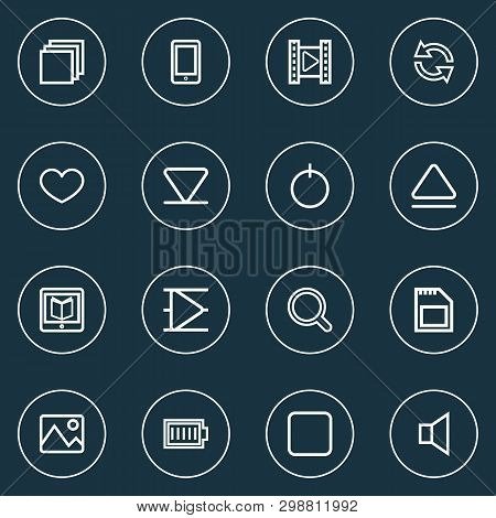 Multimedia Icons Line Style Set With Eject, Sd Card, Favorite And Other Cellphone Elements. Isolated