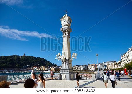 San Sebastian (donostia), Basque Country, Spain - June 17, 2018: Column With Mechanical Barometer. K