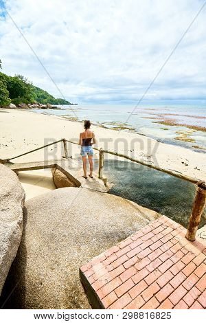 Walkway On Coastline Of Anse Cimitiere, Tropical Beach, Praslin, Seychelles