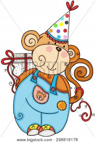 Scalable Vectorial Representing A Birthday Party Monkey Holding A Gift, Element For Design, Illustra
