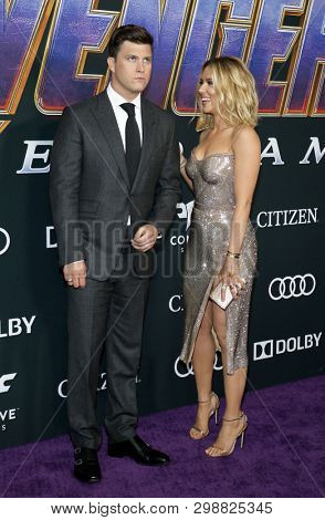 Colin Jost and Scarlett Johansson at the World premiere of 'Avengers: Endgame' held at the LA Convention Center in Los Angeles, USA on April 22, 2019.