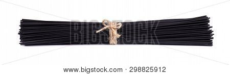 Black Spaghetti With Squid Ink, Isolated On White Background. Pasta With Black Cuttlefish Ink.