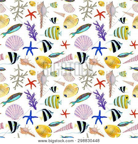 Hand drawn in watercolor sea world natural element. Corals reef fish seamless pattern on white background