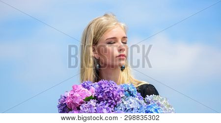 Girl Tender Blonde Hold Hydrangea Flowers Bouquet. Allergy Free Life. Stop Allergy Blooming Season. 