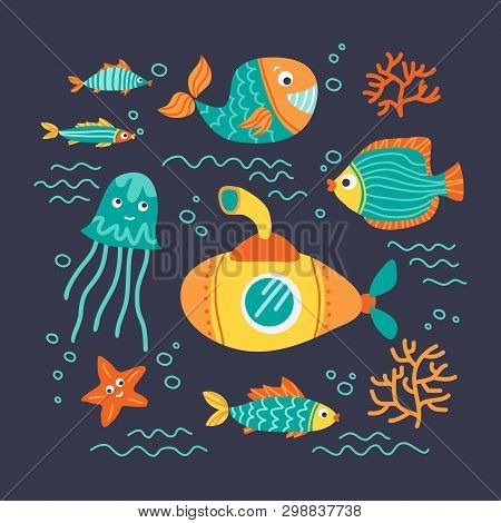Sea Animals Isolated On Dark Background. Underwater Life. Flat Design. Vector Illustration. Design E