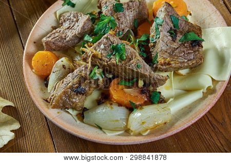 Kullama, Boiled Meat With Noodles.  Tatar National  Cuisine, Traditional Assorted Asia Dishes, Top V