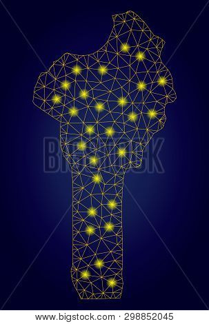 Yellow Mesh Vector Benin Map With Glare Effect On A Dark Blue Gradiented Background. Abstract Lines,