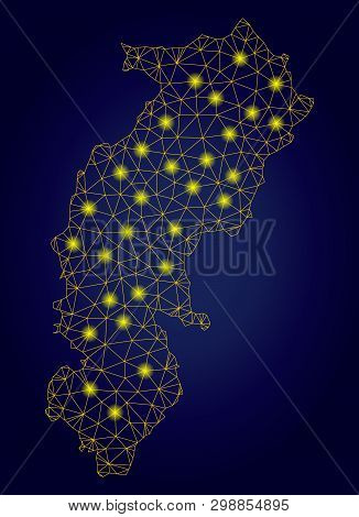 Yellow Mesh Vector Chhattisgarh State Map With Glare Effect On A Dark Blue Gradiented Background. Ab