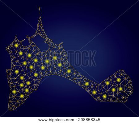Yellow Mesh Vector Formentera Island Map With Glare Effect On A Dark Blue Gradiented Background. Abs