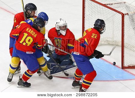 Kyiv, Ukraine - April 20, 2018: Goalkeeper Arnold Demeter Of Romania Missed A Goal During The Iihf 2
