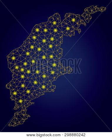 Yellow Mesh Vector Gotland Island Map With Flare Effect On A Dark Blue Gradiented Background. Abstra