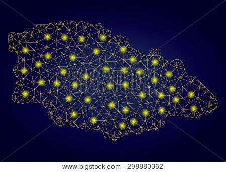 Yellow Mesh Vector Gozo Island Map With Flare Effect On A Dark Blue Gradiented Background. Abstract 