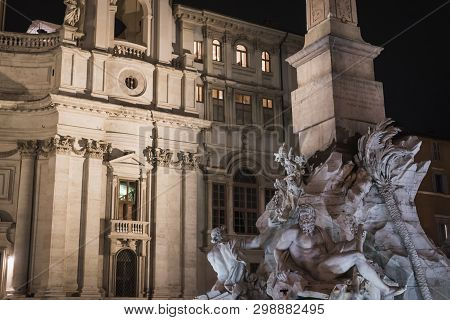 Statues Of The Obelix Of Piazza Navona By Night In Rome Italy