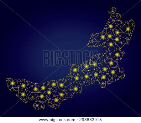 Yellow Mesh Vector Inner Mongolia Map With Glare Effect On A Dark Blue Gradiented Background. Abstra