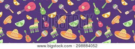 Cinco De Mayo Seamless Pattern For Festival In Mexico, Flat. T-shirt Print Of Colorful Symbols For M
