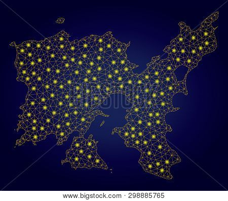 Yellow Mesh Vector Limnos Greek Island Map With Glare Effect On A Dark Blue Gradiented Background. A
