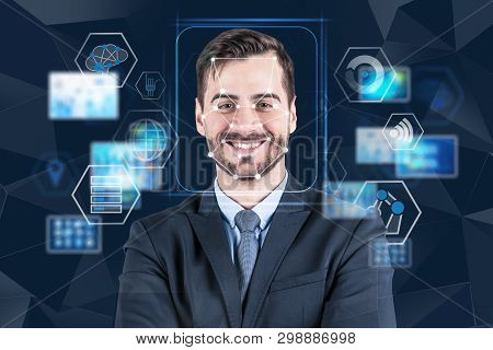 Cheerful Young Man In Suit Using Facial Recognition And Biometric Identification Technology. Concept