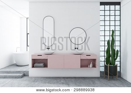 White Bathroom With Pink Double Sink
